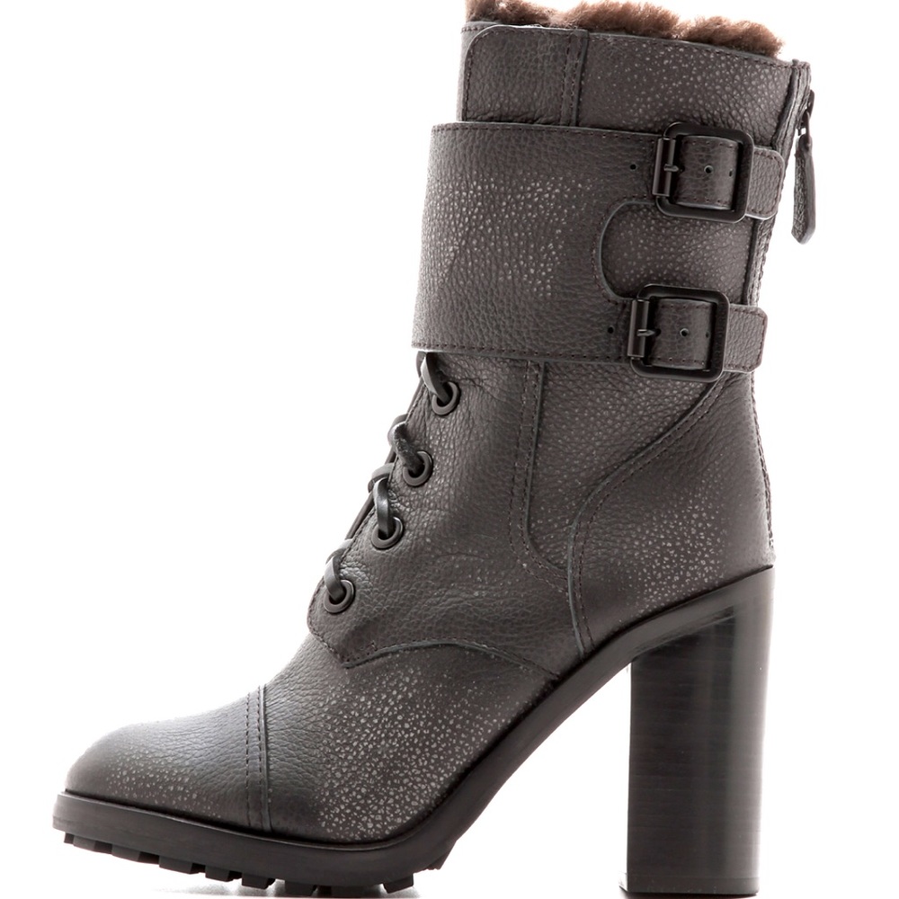 TORY BURCH Charcoal Grey Leather/Fur Combat Boots